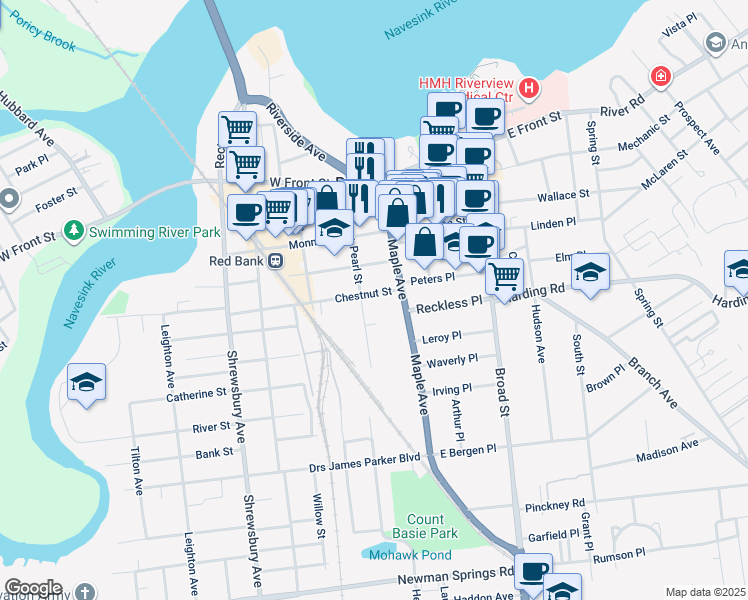 map of restaurants, bars, coffee shops, grocery stores, and more near 27 Chestnut Street in Red Bank