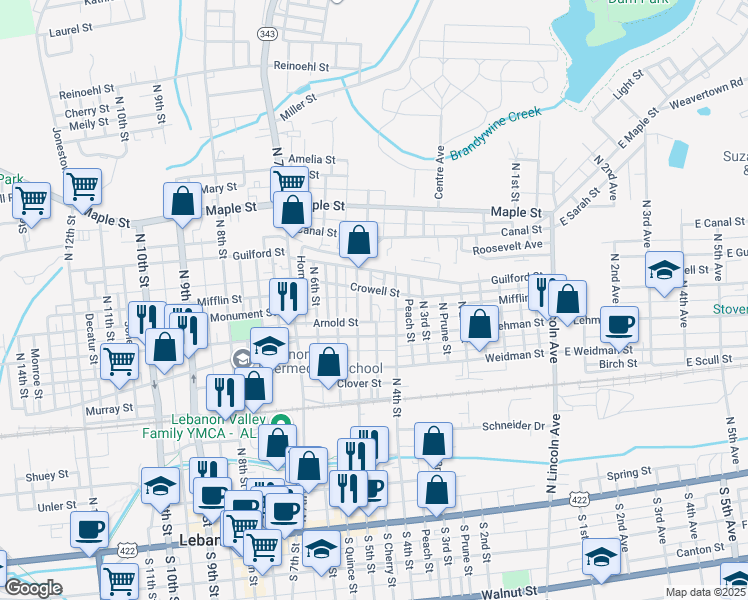 map of restaurants, bars, coffee shops, grocery stores, and more near 428 Crowell Street in Lebanon