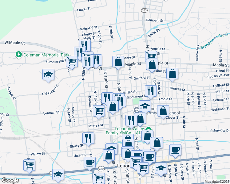 map of restaurants, bars, coffee shops, grocery stores, and more near 909 Mifflin Street in Lebanon