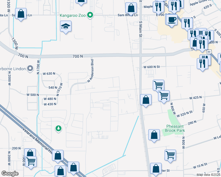 map of restaurants, bars, coffee shops, grocery stores, and more near 1277 West Sweet Corn Lane in Lindon