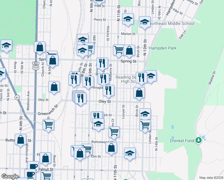 map of restaurants, bars, coffee shops, grocery stores, and more near 1040 Douglass Street in Reading
