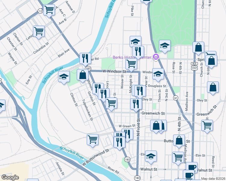 map of restaurants, bars, coffee shops, grocery stores, and more near 732 Ritter Street in Reading