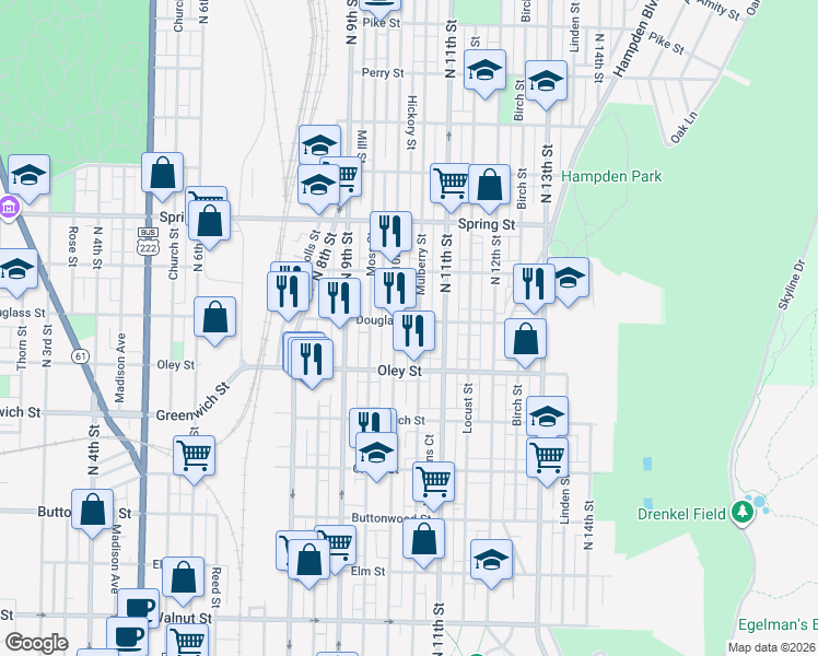 map of restaurants, bars, coffee shops, grocery stores, and more near 1040 Douglass Street in Reading