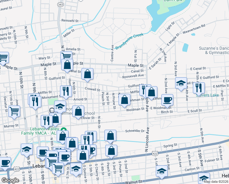 map of restaurants, bars, coffee shops, grocery stores, and more near 217 Mifflin St in Lebanon