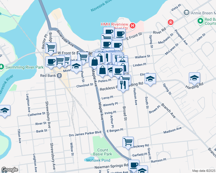 map of restaurants, bars, coffee shops, grocery stores, and more near 44 Reckless Place in Red Bank