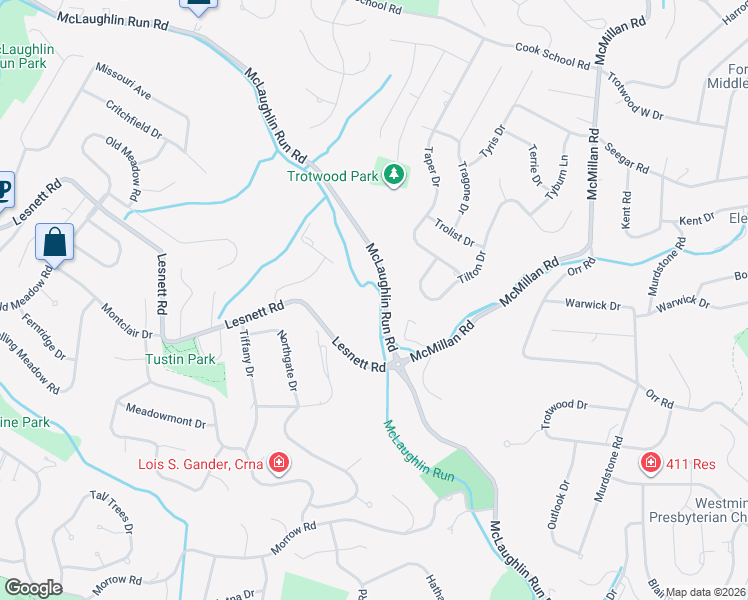 map of restaurants, bars, coffee shops, grocery stores, and more near 1590 McLaughlin Run Rd in Pittsburgh