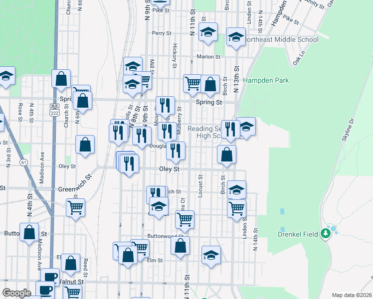 map of restaurants, bars, coffee shops, grocery stores, and more near 1040 Douglass Street in Reading