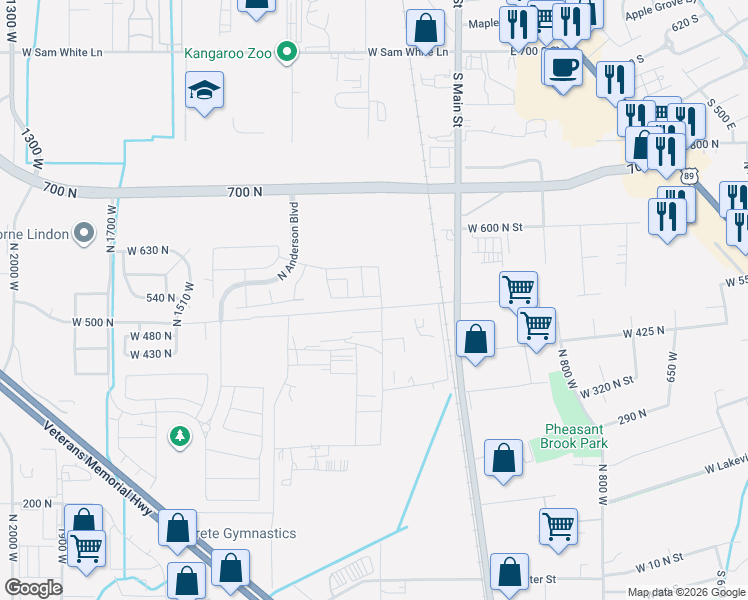 map of restaurants, bars, coffee shops, grocery stores, and more near 1227 West Sweet Corn Lane in Lindon