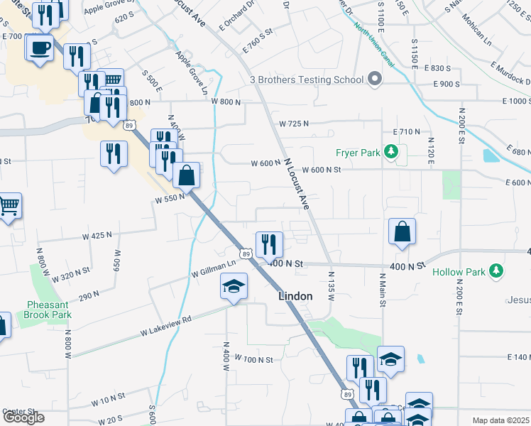 map of restaurants, bars, coffee shops, grocery stores, and more near 291 West 500 North in Lindon