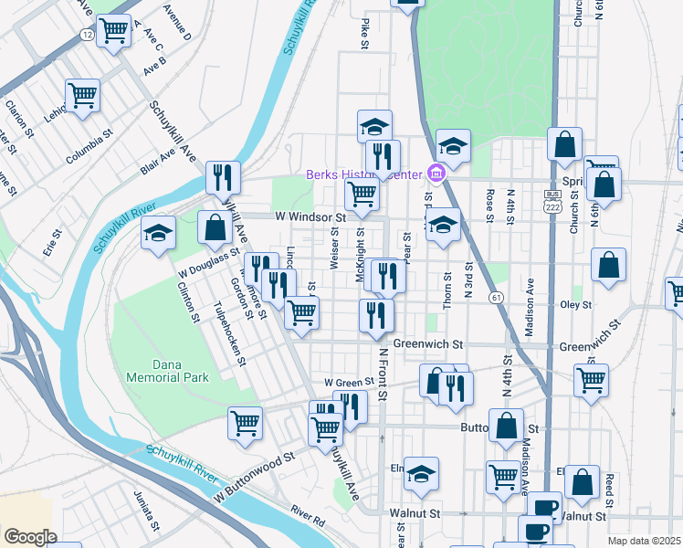 map of restaurants, bars, coffee shops, grocery stores, and more near 731 Weiser Street in Reading