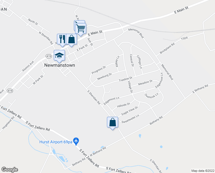 map of restaurants, bars, coffee shops, grocery stores, and more near 18 Treeline Drive in Newmanstown
