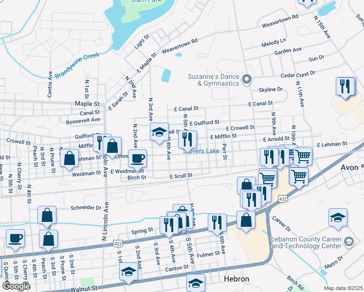 map of restaurants, bars, coffee shops, grocery stores, and more near 501 East Lehman Street in Lebanon