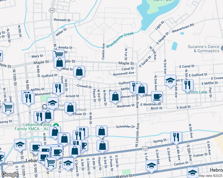 map of restaurants, bars, coffee shops, grocery stores, and more near 120 Mifflin Street in Lebanon