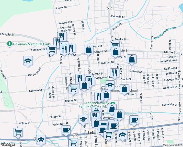 map of restaurants, bars, coffee shops, grocery stores, and more near 823 Mifflin Street in Lebanon