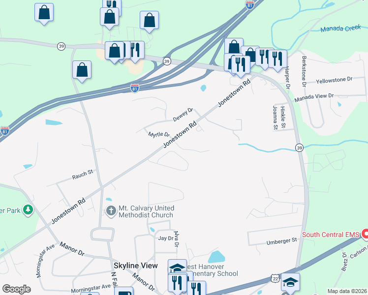 map of restaurants, bars, coffee shops, grocery stores, and more near 7759 Manada Creek Drive in Harrisburg