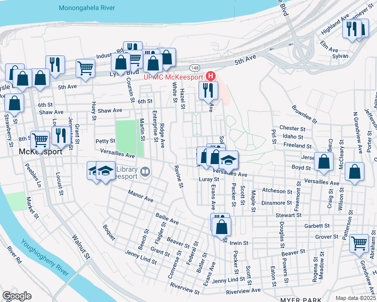 map of restaurants, bars, coffee shops, grocery stores, and more near 1006 Park Street in McKeesport