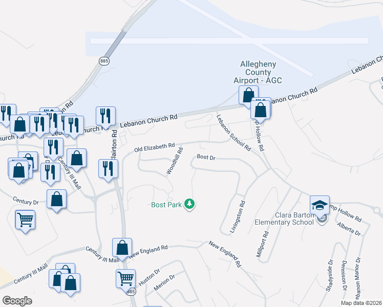 map of restaurants, bars, coffee shops, grocery stores, and more near 275 Bost Drive in West Mifflin