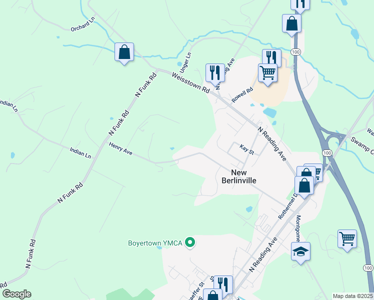 map of restaurants, bars, coffee shops, grocery stores, and more near 233 Henry Avenue in Boyertown