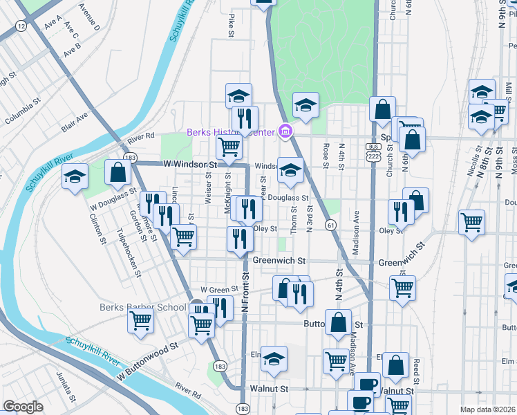map of restaurants, bars, coffee shops, grocery stores, and more near 740 Pear Street in Reading