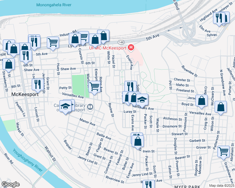 map of restaurants, bars, coffee shops, grocery stores, and more near 1006 Park Street in McKeesport