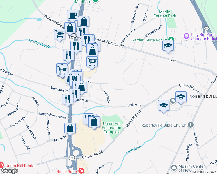 map of restaurants, bars, coffee shops, grocery stores, and more near 19 Bartram Road in Englishtown
