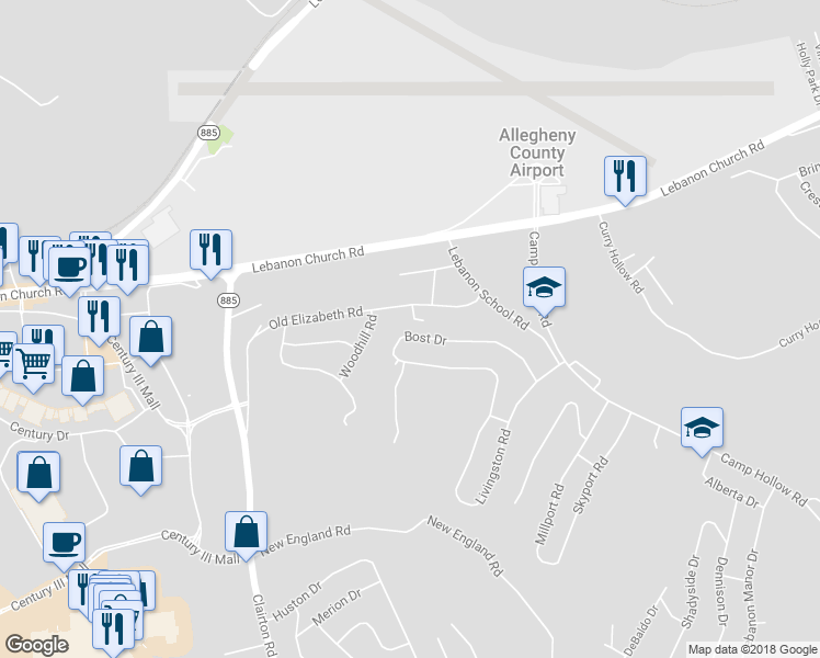 map of restaurants, bars, coffee shops, grocery stores, and more near 275 Bost Drive in West Mifflin