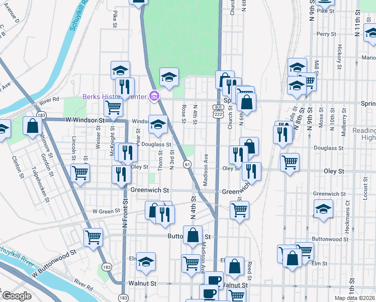 map of restaurants, bars, coffee shops, grocery stores, and more near 725 Centre Avenue in Reading