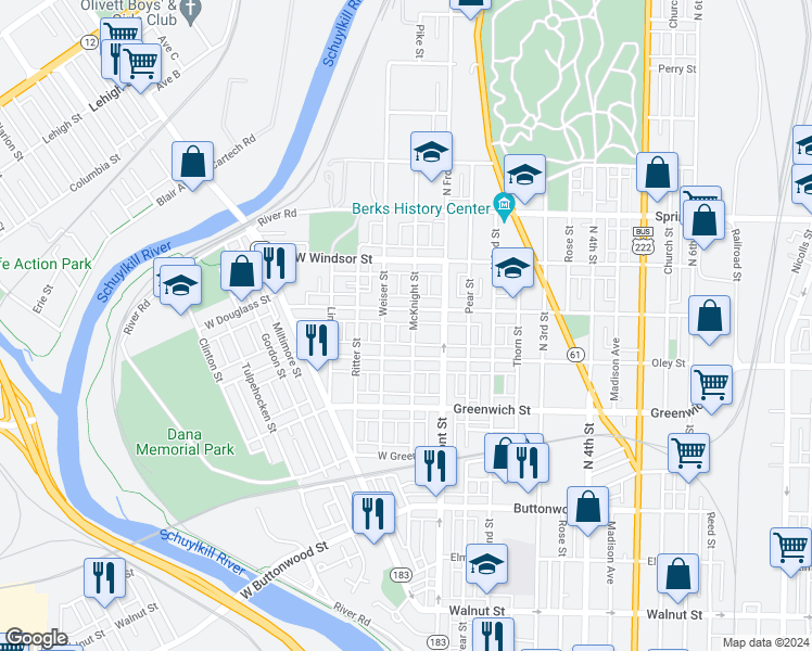 map of restaurants, bars, coffee shops, grocery stores, and more near 742 McKnight Street in Reading