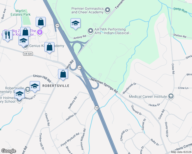 map of restaurants, bars, coffee shops, grocery stores, and more near 184 County Road 520 in Marlboro