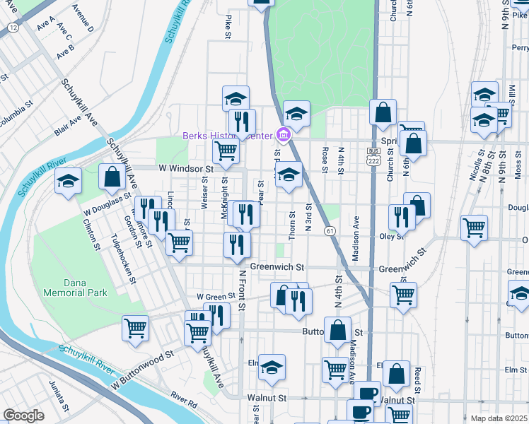 map of restaurants, bars, coffee shops, grocery stores, and more near 747 Pear Street in Reading