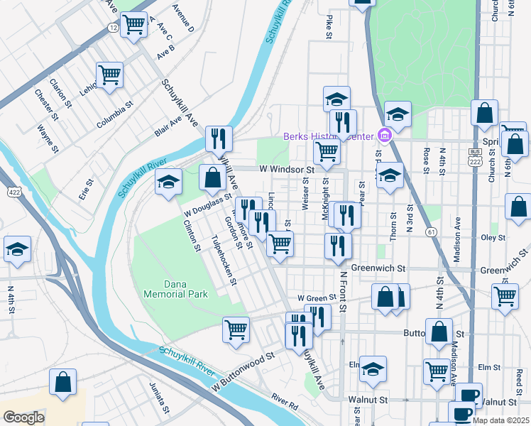 map of restaurants, bars, coffee shops, grocery stores, and more near 323 Hollenbach Street in Reading