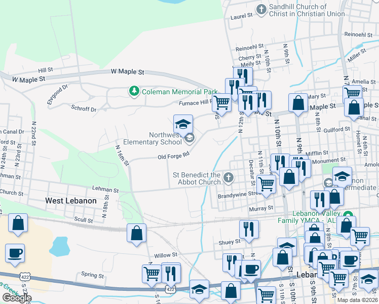 map of restaurants, bars, coffee shops, grocery stores, and more near 1315 Old Forge Road in Lebanon