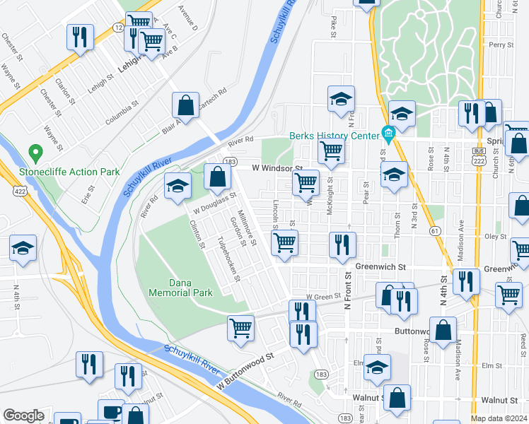 map of restaurants, bars, coffee shops, grocery stores, and more near 323 Hollenbach Street in Reading