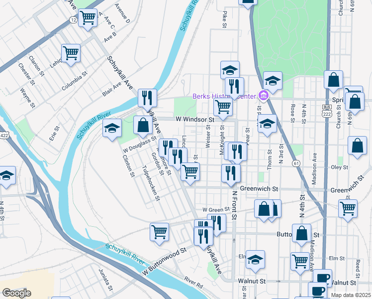 map of restaurants, bars, coffee shops, grocery stores, and more near 732 Ritter Street in Reading