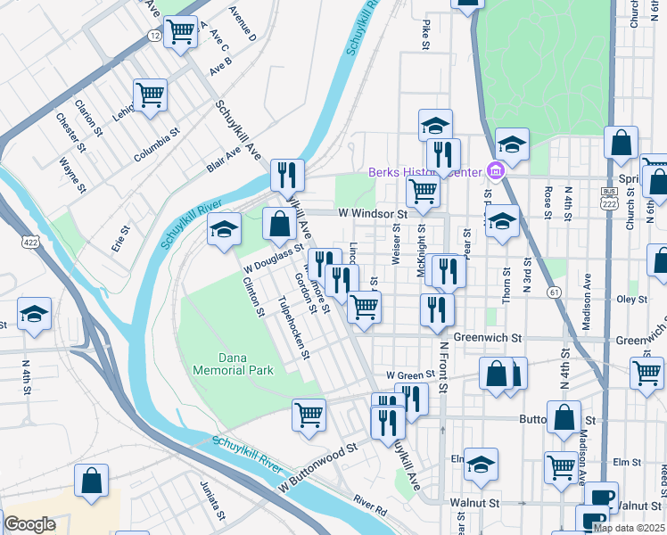 map of restaurants, bars, coffee shops, grocery stores, and more near 323 Hollenbach Street in Reading