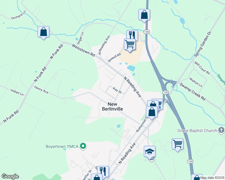 map of restaurants, bars, coffee shops, grocery stores, and more near 32 Kay Street in Boyertown