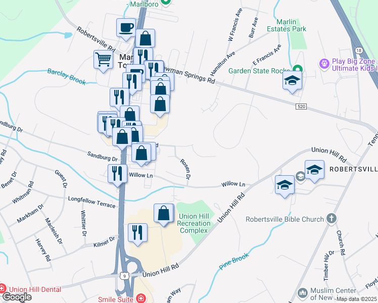 map of restaurants, bars, coffee shops, grocery stores, and more near 19 Bartram Road in Englishtown