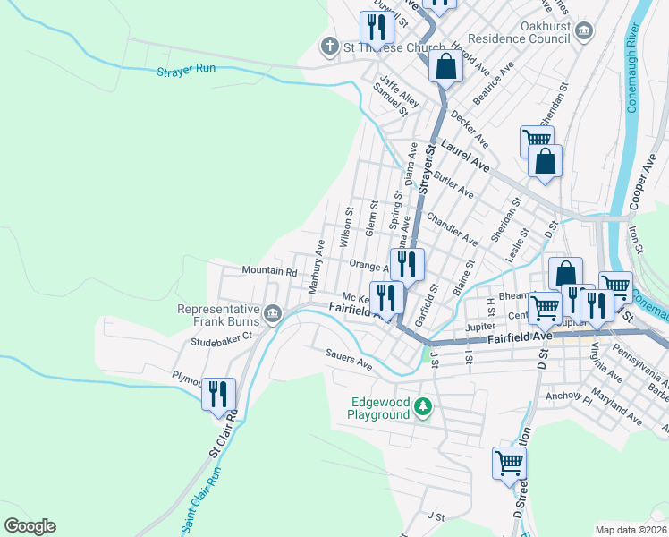 map of restaurants, bars, coffee shops, grocery stores, and more near 159 Wilson Street in Johnstown