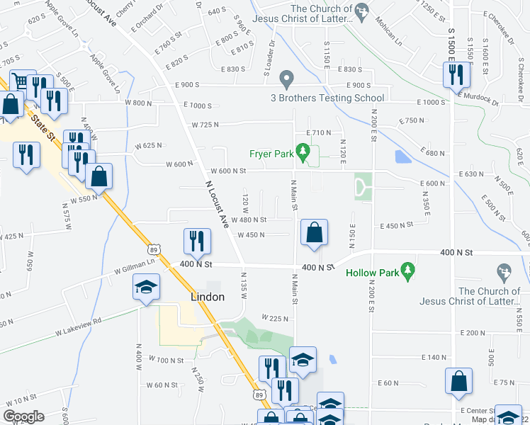 map of restaurants, bars, coffee shops, grocery stores, and more near 498 North 80 West in Lindon