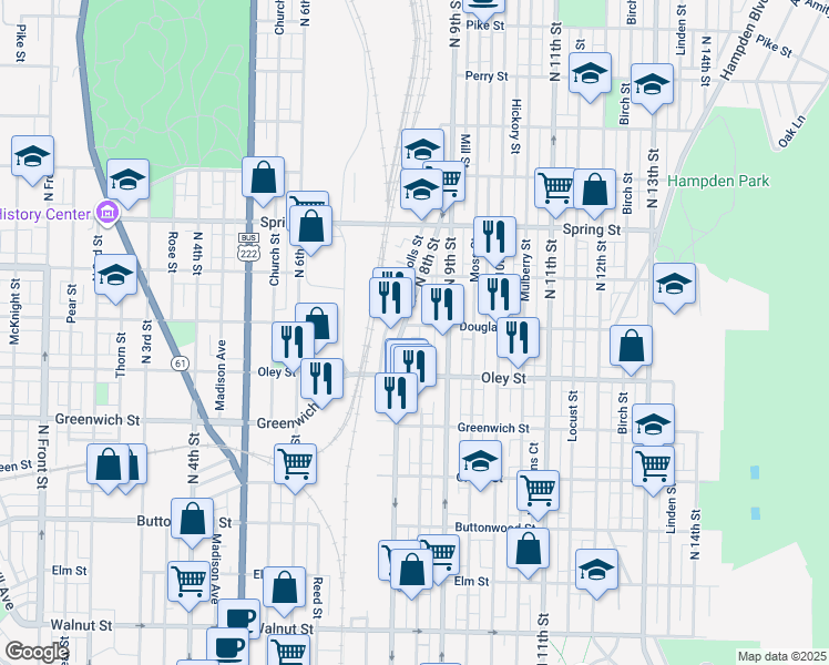 map of restaurants, bars, coffee shops, grocery stores, and more near 756 Lance Place in Reading