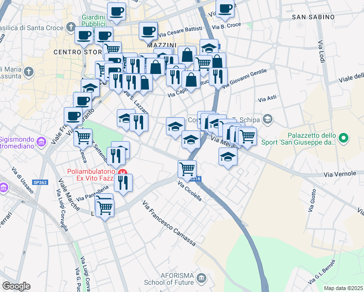 map of restaurants, bars, coffee shops, grocery stores, and more near 7-9 Via Francesco Patitari in Lecce