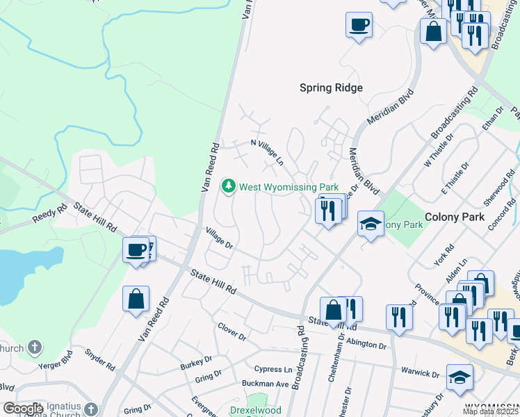 map of restaurants, bars, coffee shops, grocery stores, and more near 130 Kathleen Lane in Wyomissing