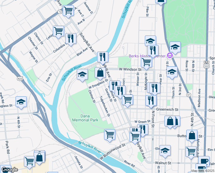 map of restaurants, bars, coffee shops, grocery stores, and more near 729 Gordon Street in Reading