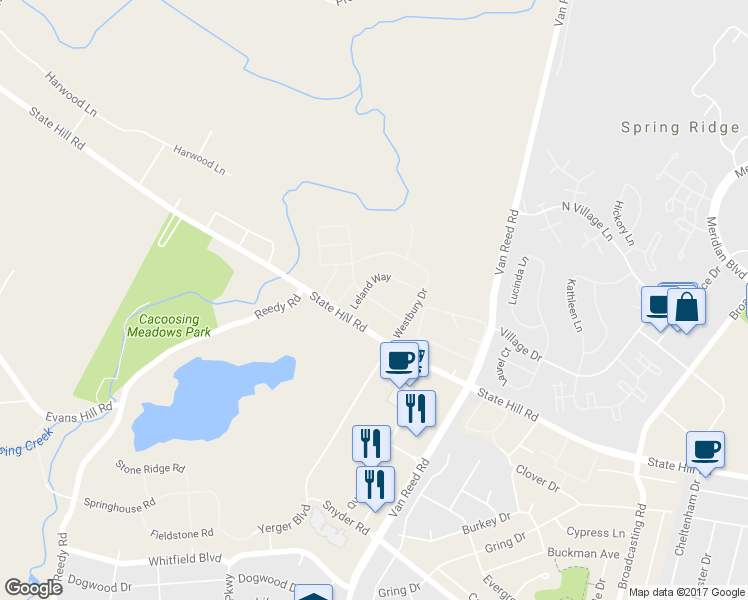 map of restaurants, bars, coffee shops, grocery stores, and more near 226 Springmont Drive in Reading