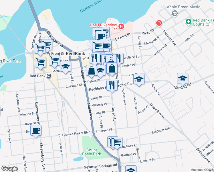 map of restaurants, bars, coffee shops, grocery stores, and more near 8 Reckless Place in Red Bank