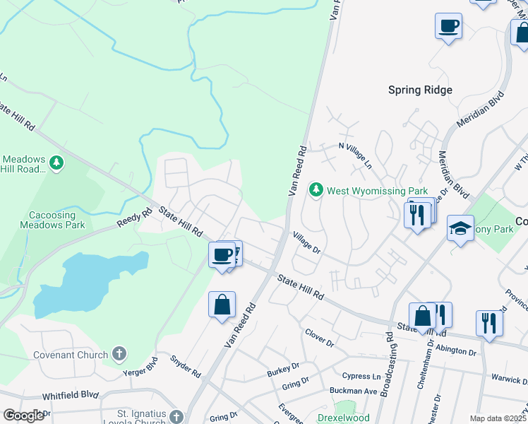 map of restaurants, bars, coffee shops, grocery stores, and more near 1900 Van Reed Road in Wyomissing