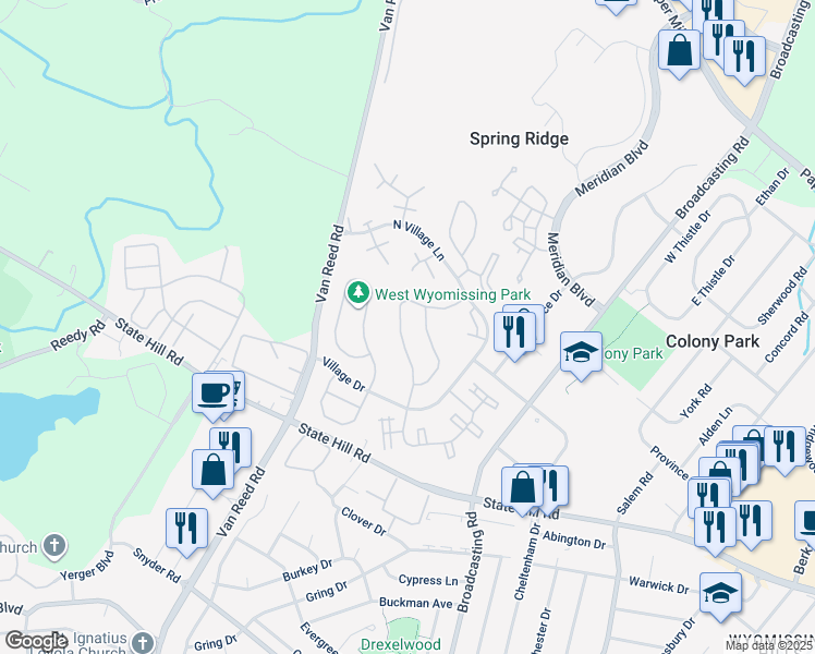 map of restaurants, bars, coffee shops, grocery stores, and more near 130 Kathleen Lane in Wyomissing