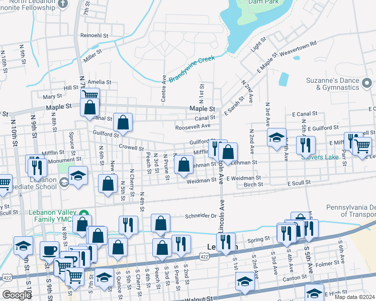 map of restaurants, bars, coffee shops, grocery stores, and more near 113 Mifflin Street in Lebanon