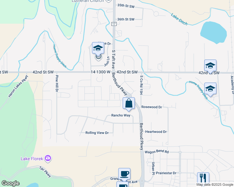 map of restaurants, bars, coffee shops, grocery stores, and more near Woodcock Street in Loveland