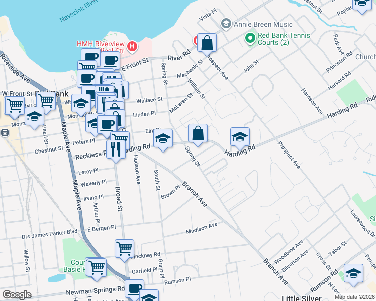 map of restaurants, bars, coffee shops, grocery stores, and more near 180 Spring Street in Red Bank